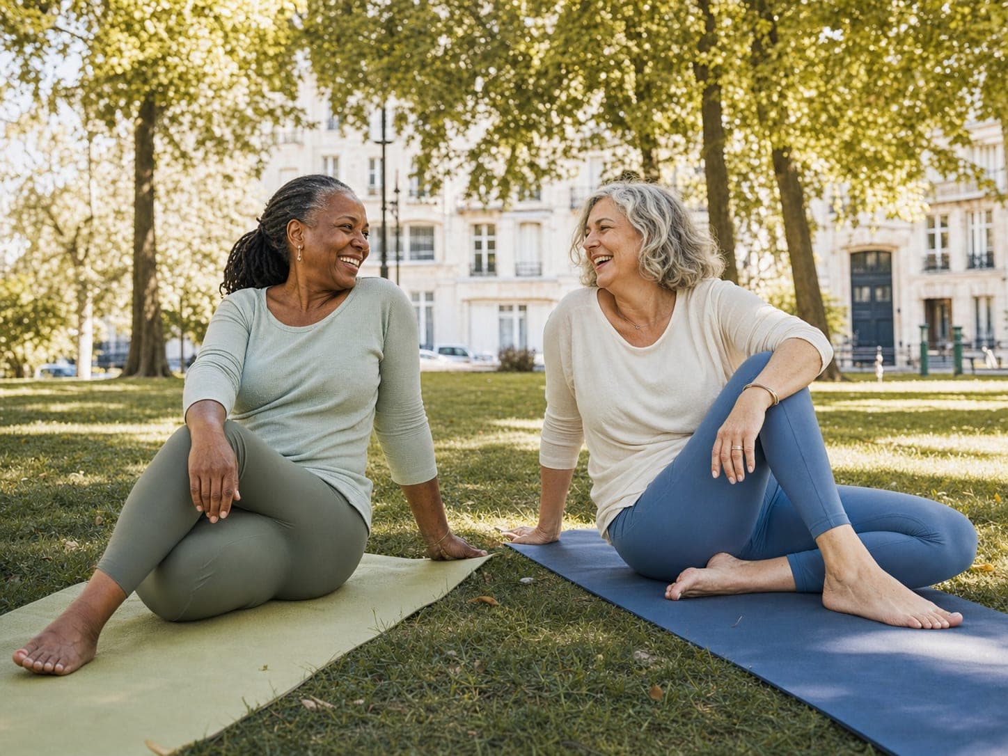 Deux amies font une pause pendant une séance de yoga au parc.